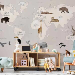 Carta da parati moderna Mappa del mondo per bambini - continenti e oceani in tonalità beige