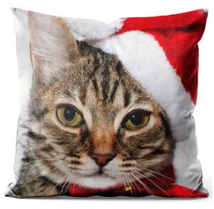 Cuscino in velluto Christmas cat - an animal wearing a Santa hat with a red bow
