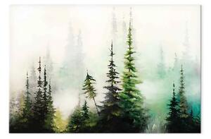 Quadro su tela Paesaggio dipinto - foresta di alberi di Natale avvolta da nebbia