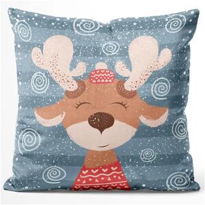 Cuscino in velluto Reindeer in the snow - smiling animal on a blue striped background