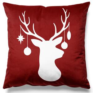 Cuscino in velluto King of the forest - white head and reindeer antlers on red background