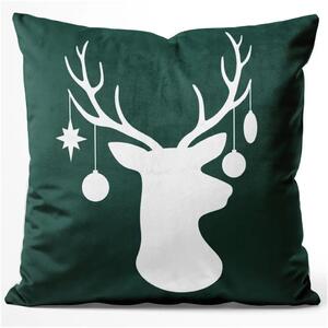 Cuscino in velluto Antlers with baubles - white reindeer head on a green background