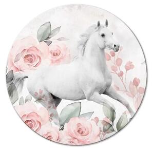 Quadro rotondo Cavallo bianco - una cavalcatura al galoppo tra rose rosa