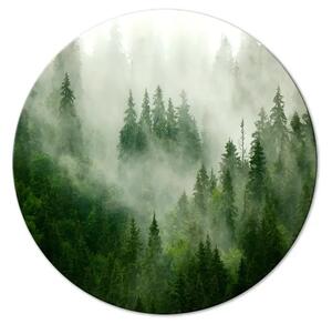 Quadro rotondo Foresta nebbiosa - paesaggio verde con alberi tra alte montagne
