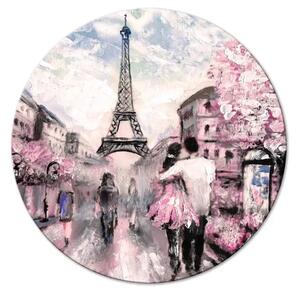Quadro rotondo Passeggiata parigina - paesaggio con coppia e Torre Eiffel