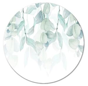 Quadro rotondo Vegetazione - delicate foglie verdi e blu su sfondo bianco