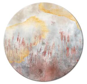 Quadro rotondo Prato rosa - erba d'acqua dipinta con acquerello rosa e macchie d'oro