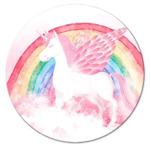 Quadro rotondo Mondo magico - unicorno e arcobaleno su un cielo rosa