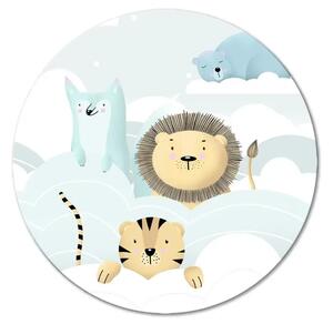 Quadro rotondo Animali carini - leone, tigre, orso e lepre tra le nuvole