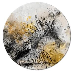 Quadro rotondo Piuma nera - schizzo lineare con texture dorata su sfondo beige