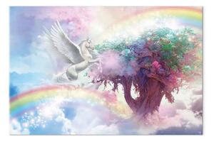 Quadro su tela Unicorno e albero magico - fiaba e terra dell'arcobaleno tra le nuvole