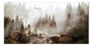 Quadro Uccelli in volo - paesaggio con foresta nebbiosa in seppia