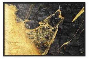 Poster: Lupo ululante - animale selvatico dorato su sfondo nero carbone