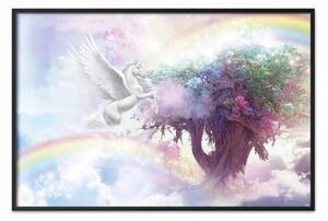 Poster: Unicorno e albero magico - terra fantastica e arcobaleno tra le nuvole
