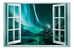 Quadro moderno Vista dalla finestra - paesaggio notturno con aurora boreale