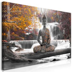 Buddha autunnale II - statua tra alberi fioriti e cascata con acqua turchese
