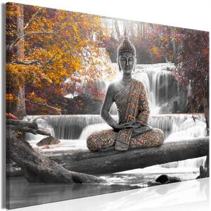 Buddha autunnale - statua tra alberi fioriti e cascata con acqua turchese