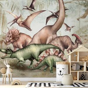 Carta da parati moderna Dinosauri per bambini - Triceratopo, Tirannosauro e Stegosauro
