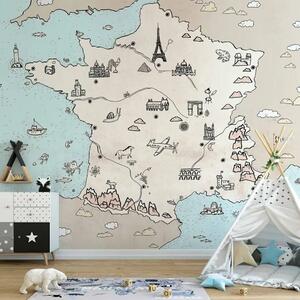 Carta da parati Mappa della Francia per bambini - luoghi e attrazioni turistiche su sfondo pastello
