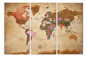 Quadro su tela Eleganza marrone (3-parti) - mappa del mondo e scritte in inglese