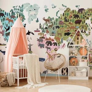 Carta da parati Merry World - mappa colorata per bambini, continenti e animali