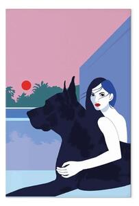 Quadro moderno Donna con cane - illustrazione vettoriale minimalista