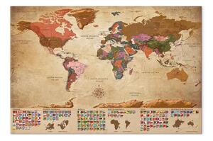 Quadro Mappa del mondo: Stile retrò - globo e bandiere degli stati