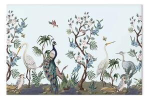 Quadro moderno Uccelli orientali - gru e pavoni tra vegetazione e fiori