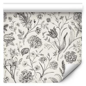 Tappezzerie Prato in stile vintage - schizzi di fiori in bianco e nero