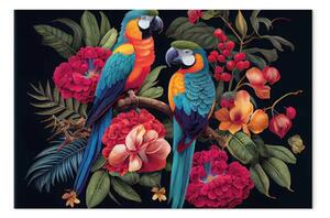 Quadro contemporaneo Uccelli esotici - pappagalli tra la vegetazione colorata della giungla