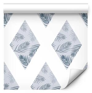 Tappezzerie Pattern - foglie di palma su rombi blu collegati da strisce bianche