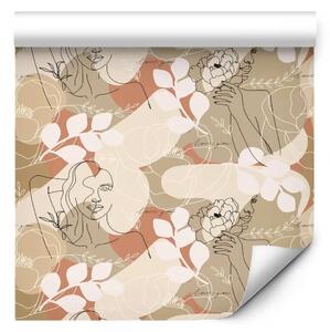 Tappezzerie Natura - schizzo di una donna, fiori e foglie su sfondo beige
