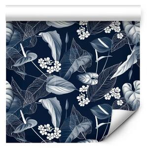 Tappezzerie Natura monocromatica - schizzo di foglie e fiori su sfondo blu scuro