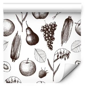 Tappezzerie Modello autunnale - schizzo monocromatico di frutta e spighe di grano