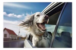 Quadro moderno AI cane setter inglese - viaggia in auto, orizzontale