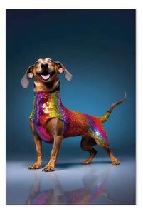 Quadro contemporaneo AI cane bassotto - sorridente in travestimento colorato - verticale