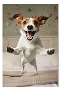 Quadro contemporaneo AI cane jack russell - salta dal letto nell'abbraccio del proprietario