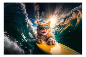 Quadro moderno Gatto AI - pelo rosso che fa surf in mare agitato - orizzontale