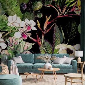 Carta da parati moderna Giungla tropicale - fiori ad acquerello, piante in tonalità calde