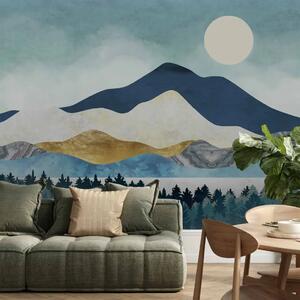 Carta da parati Paesaggio con sole - montagne con accenti dorati in colori pastello