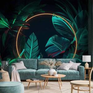Carta da parati moderna Luce nella giungla - fogliame tropicale con cerchio dorato al neon