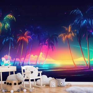 Carta da parati moderna Spiaggia e colori - oceano e palme tropicali con luci al neon