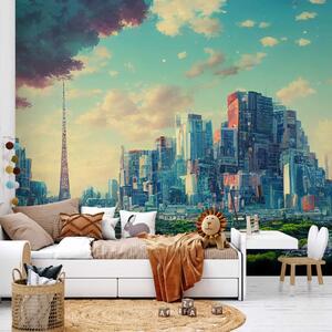Carta da parati moderna Città futuristica - paesaggio urbano stilizzato dal videogioco