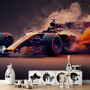 Carta da parati Fiery racer - un'auto di Formula 1 in fiamme ispirata ai videogiochi