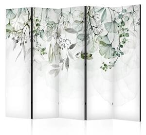 Paravento design Natura nebbiosa II - foglie floreali verdi su sfondo bianco