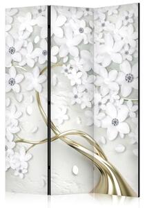 Paravento design L'albero dei ricordi - albero dorato astratto con fiori bianchi