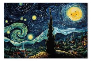 Quadro Notte stellata - paesaggio in stile van Gogh con luna sorridente
