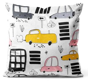Cuscino in velluto Viaggio felice - schizzi di automobili colorate su sfondo minimalista