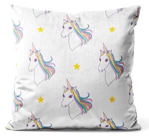 Cuscino in velluto Unicorni e stelle - animali con criniere arcobaleno su sfondo bianco