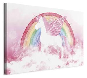 Potere rosa - unicorno con ali e arcobaleno su sfondo di nuvole